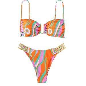 Strappy Bikini Deep Plunge Cut Out Bikini High Waist Cheeky Multicolor Medium